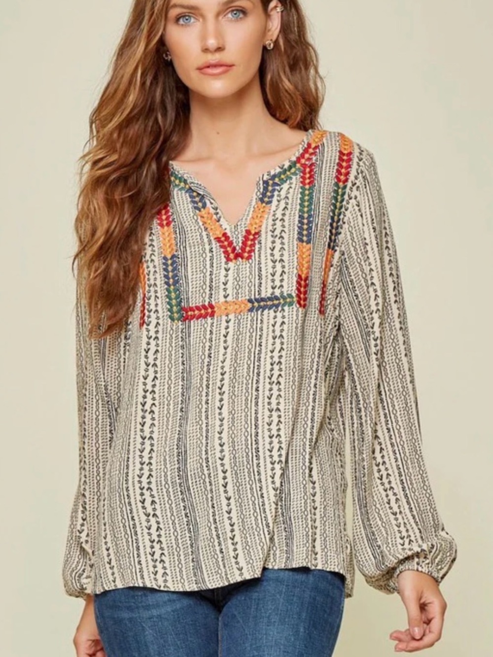 Savanna Jane Embroidered V-Neck Top in Cream with Multi-Color accents